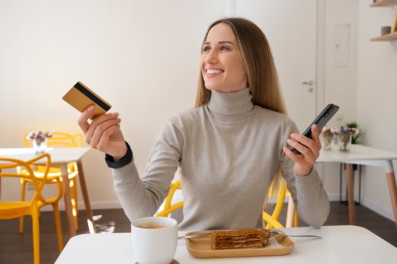 Confident young woman wearing a light green outfit, smiling and holding a black credit card against a vibrant orange background — a bold visual representation of the best credit card for your lifestyle.