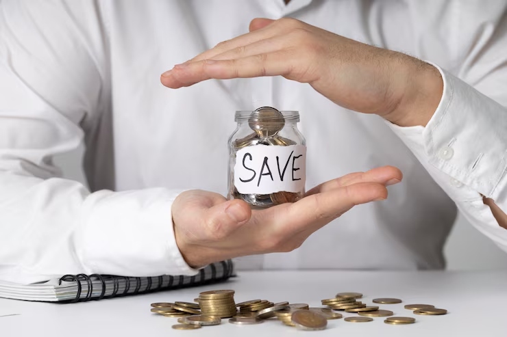 A person in a white shirt holding a small glass jar filled with coins labeled "SAVE," symbolizing the importance of building an emergency fund for financial security.