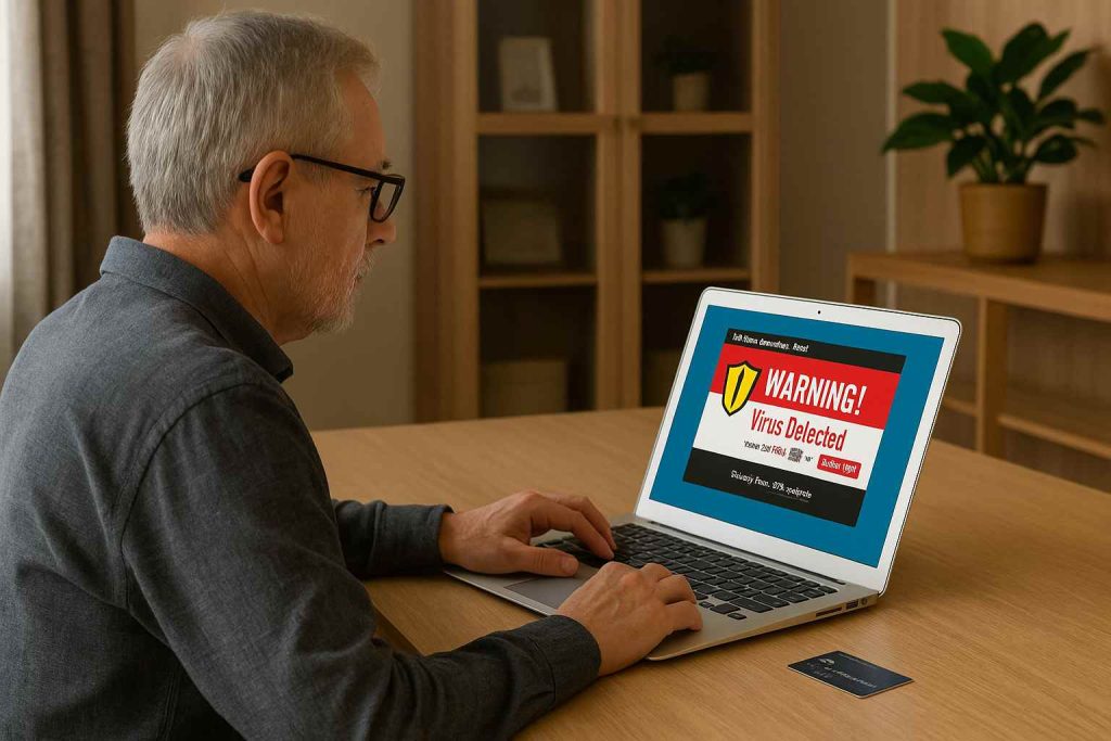 An older man with gray hair and glasses sits at a desk, focused on a laptop displaying a virus warning screen, with a credit card placed on the table—illustrating the potential risks of falling for fraudulent online offers.