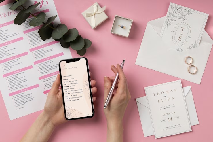 A flat lay image showing a person holding a smartphone with a wedding schedule, surrounded by invitations, rings, a gift box, and planning documents—perfectly capturing the process of planning weddings with both digital and traditional tools.