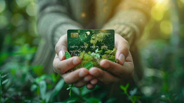 Pessoa segurando um cartão de crédito verde com design de mapa-múndi sobre plantas, representando consumo consciente e finanças sustentáveis ligadas à preservação ambiental.