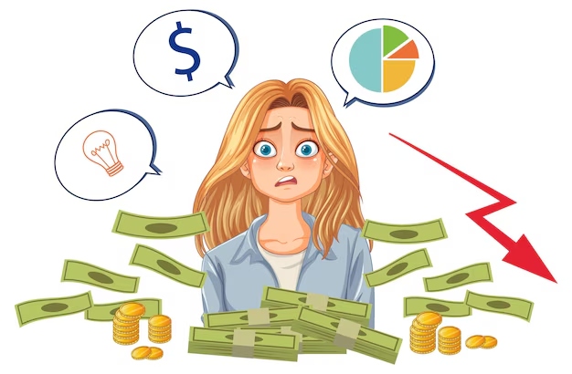 Ilustração de uma mulher loira com expressão preocupada cercada por pilhas de dinheiro, moedas, gráficos e uma seta vermelha apontando para baixo, simbolizando dificuldades financeiras.