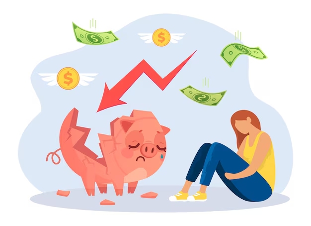 Ilustração de uma jovem sentada ao lado de um cofre em forma de porquinho quebrado, com notas voando e uma seta vermelha descendente, representando perda de economia e crise financeira.