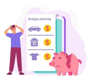 Illustration of a worried man next to a sad piggy bank and a budget planning chart showing expenses for car, house, and clothing.
