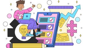 Ilustração colorida de uma pessoa com notebook, lista de tarefas concluídas e símbolos de produtividade como lâmpada, gráfico, ampulheta e quebra-cabeça.