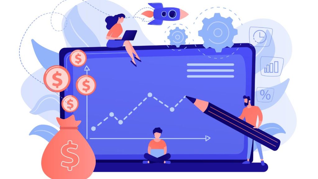 Ilustração em tons de azul e laranja mostrando pessoas com notebooks, gráficos de crescimento, moedas, engrenagens e foguete simbolizando negócios e finanças.