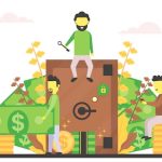 Ilustração de pessoas ao redor de um grande cofre, segurando notas e moedas, simbolizando segurança financeira, poupança e investimento coletivo.