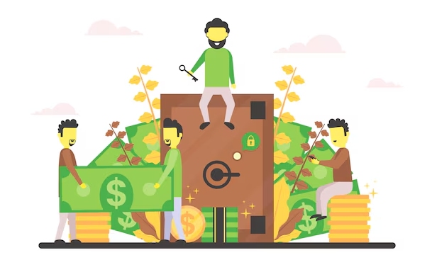 Ilustração de pessoas ao redor de um grande cofre, segurando notas e moedas, simbolizando segurança financeira, poupança e investimento coletivo.