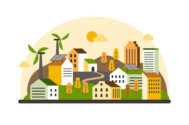 Ilustração de uma cidade sustentável com prédios, casas, árvores, painéis solares e turbinas eólicas, representando energia limpa e desenvolvimento urbano ecológico.