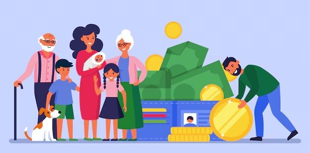 Illustration of a multigenerational family with children, grandparents, and parents standing next to a giant wallet with money and coins, symbolizing family finances.