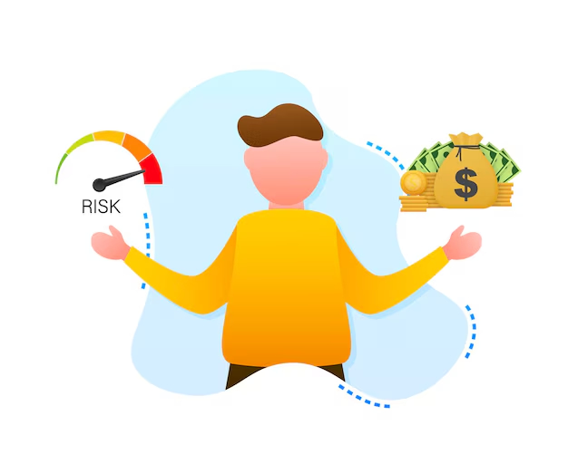 Illustration of a person balancing investment risk and financial reward, with a risk meter on one side and a pile of money on the other.