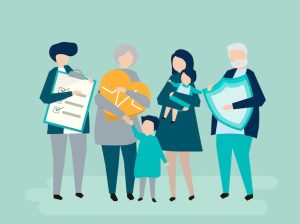 Illustration of a family with children holding symbols of protection, insurance, and financial security.