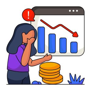 Illustration of a woman worried about financial loss, standing in front of a downward trending chart with coins stacked beside her.