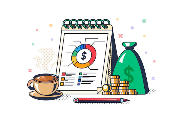 Financial planning concept showing a spiral calendar with charts, a money bag, coins, coffee cup, and pen, symbolizing budgeting and financial organization.