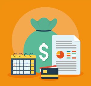 Illustration of financial planning with a calendar, credit cards, money bag, and report with charts, representing budgeting and expenses management.