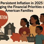 Flat-style illustration about persistent inflation affecting U.S. families in 2025. At the top, bold text reads: ‘How Persistent Inflation in 2025 Is Changing the Financial Priorities of American Families.’ On the left, a large red balloon labeled ‘Inflation’ floats above icons of major household expenses: a car, a house with a dollar sign, and two piggy banks. On the right, a family of four—two adults and two children—stands close together with worried expressions, facing the rising costs. A shopping basket in the foreground reinforces everyday price pressure. The muted beige background and simple shapes highlight the theme of budget strain and shifting priorities.