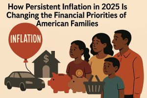 Flat-style illustration about persistent inflation affecting U.S. families in 2025. At the top, bold text reads: ‘How Persistent Inflation in 2025 Is Changing the Financial Priorities of American Families.’ On the left, a large red balloon labeled ‘Inflation’ floats above icons of major household expenses: a car, a house with a dollar sign, and two piggy banks. On the right, a family of four—two adults and two children—stands close together with worried expressions, facing the rising costs. A shopping basket in the foreground reinforces everyday price pressure. The muted beige background and simple shapes highlight the theme of budget strain and shifting priorities.