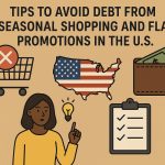 Flat-style educational illustration about avoiding debt from seasonal shopping and flash promotions in the United States. At the top, bold text reads: ‘Tips to Avoid Debt from Seasonal Shopping and Flash Promotions in the U.S.’ Below the title, several icons are arranged on a warm beige background: on the left, a shopping cart with a red ‘X’ symbol indicating restraint; in the center, a map of the United States filled with the American flag pattern; on the right, a brown wallet with cash visible, representing budget control. At the bottom left, a woman raises one finger next to a small lightbulb, suggesting smart planning or a helpful idea. At the bottom right, a clipboard checklist reinforces organizing purchases and setting limits. The overall design emphasizes thoughtful, disciplined holiday spending.