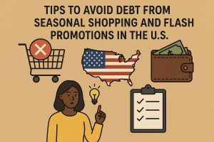 Flat-style educational illustration about avoiding debt from seasonal shopping and flash promotions in the United States. At the top, bold text reads: ‘Tips to Avoid Debt from Seasonal Shopping and Flash Promotions in the U.S.’ Below the title, several icons are arranged on a warm beige background: on the left, a shopping cart with a red ‘X’ symbol indicating restraint; in the center, a map of the United States filled with the American flag pattern; on the right, a brown wallet with cash visible, representing budget control. At the bottom left, a woman raises one finger next to a small lightbulb, suggesting smart planning or a helpful idea. At the bottom right, a clipboard checklist reinforces organizing purchases and setting limits. The overall design emphasizes thoughtful, disciplined holiday spending.