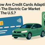 Flat illustration showing a large blue contactless credit card on the left, a green electric car in the center, and a green EV charging station on the right with a lightning-bolt icon. At the top, bold black headline text reads: ‘How Are Credit Cards Adapting To The Electric Car Market In The U.S.?’ The background is light beige, and the style is clean and modern, emphasizing the connection between credit cards and electric-vehicle charging.