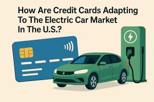 Flat illustration showing a large blue contactless credit card on the left, a green electric car in the center, and a green EV charging station on the right with a lightning-bolt icon. At the top, bold black headline text reads: ‘How Are Credit Cards Adapting To The Electric Car Market In The U.S.?’ The background is light beige, and the style is clean and modern, emphasizing the connection between credit cards and electric-vehicle charging.