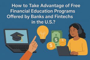 Flat, modern illustration on a blue gradient background with large white headline text at the top reading: ‘How to Take Advantage of Free Financial Education Programs Offered by Banks and Fintechs in the U.S.?’ On the left, an open laptop displays a graduation cap icon, symbolizing education. In the center, a glowing lightbulb suggests financial learning or new ideas. To the right, green dollar bills and stacked gold coins represent money and savings. A hand in the foreground points toward the icons, while a cartoon woman wearing headphones sits at a laptop on the right, indicating online learning. The overall style is clean and friendly, emphasizing digital financial education.