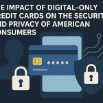 Dark, modern flat illustration about digital-only credit card security. At the top-left, large white uppercase headline text reads: ‘THE IMPACT OF DIGITAL-ONLY CREDIT CARDS ON THE SECURITY AND PRIVACY OF AMERICAN CONSUMERS.’ In the center, a large smartphone silhouette sits behind a blue credit card with a gold chip and masked digits. On the left, a user-profile silhouette is paired with a white padlock icon, while on the right a shield with a padlock appears next to subtle circuit lines, symbolizing cybersecurity and data protection. The overall tone is serious and tech-focused, highlighting privacy and security in digital payments.