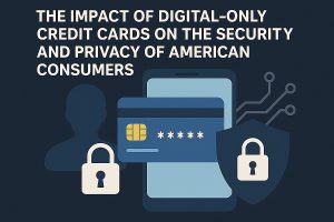 Dark, modern flat illustration about digital-only credit card security. At the top-left, large white uppercase headline text reads: ‘THE IMPACT OF DIGITAL-ONLY CREDIT CARDS ON THE SECURITY AND PRIVACY OF AMERICAN CONSUMERS.’ In the center, a large smartphone silhouette sits behind a blue credit card with a gold chip and masked digits. On the left, a user-profile silhouette is paired with a white padlock icon, while on the right a shield with a padlock appears next to subtle circuit lines, symbolizing cybersecurity and data protection. The overall tone is serious and tech-focused, highlighting privacy and security in digital payments.