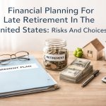 A financial planning workspace for late retirement in the United States, featuring a retirement plan folder with glasses on top, a glass jar labeled ‘Retirement’ filled with coins, a stack of U.S. dollar bills, a small wooden house model, a calculator, a pen, keys, and a cup of coffee arranged neatly on a wooden desk.