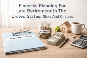 A financial planning workspace for late retirement in the United States, featuring a retirement plan folder with glasses on top, a glass jar labeled ‘Retirement’ filled with coins, a stack of U.S. dollar bills, a small wooden house model, a calculator, a pen, keys, and a cup of coffee arranged neatly on a wooden desk.