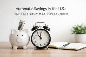 Cover image about automatic savings in the U.S.: a white piggy bank with a rolled U.S. dollar bill, a classic alarm clock showing time, and an open notebook with a pen on a wooden desk—symbolizing saving routines, automation, and habit-building without relying on discipline.