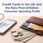 Cover image illustrating credit cards in the U.S. and post-inflation consumer spending: a leather wallet with multiple credit cards partially visible, U.S. dollar bills and coins on a wooden desk, a smartphone displaying an online shopping cart icon, and a cup of coffee—symbolizing digital payments, changing spending habits, and everyday financial decisions.