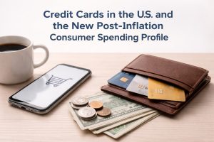 Cover image illustrating credit cards in the U.S. and post-inflation consumer spending: a leather wallet with multiple credit cards partially visible, U.S. dollar bills and coins on a wooden desk, a smartphone displaying an online shopping cart icon, and a cup of coffee—symbolizing digital payments, changing spending habits, and everyday financial decisions.