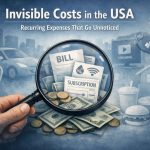 Hand holding a magnifying glass over U.S. dollar bills, coins, and recurring bills labeled subscription and utilities, with faded background icons representing a car, streaming services, home expenses, fast food, and digital connectivity, illustrating hidden recurring costs that quietly impact household budgets in the United States.