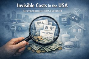 Hand holding a magnifying glass over U.S. dollar bills, coins, and recurring bills labeled subscription and utilities, with faded background icons representing a car, streaming services, home expenses, fast food, and digital connectivity, illustrating hidden recurring costs that quietly impact household budgets in the United States.