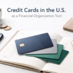 Conceptual illustration showing credit cards in the United States as a financial organization tool. The image features several credit cards placed on an open notebook used for budgeting and planning, alongside a pen, symbolizing financial control and expense tracking. A smartphone displaying a financial app interface appears on the left, while coins, a small plant, and a wallet with U.S. dollar bills are visible in the background, representing savings, balance, and money management. At the top of the image, the headline reads: “Credit Cards in the U.S. as a Financial Organization Tool.” The scene conveys structured budgeting, organization, and responsible use of credit.