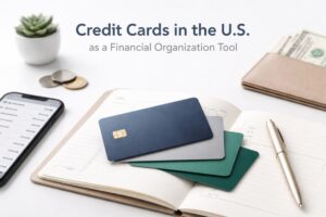 Conceptual illustration showing credit cards in the United States as a financial organization tool. The image features several credit cards placed on an open notebook used for budgeting and planning, alongside a pen, symbolizing financial control and expense tracking. A smartphone displaying a financial app interface appears on the left, while coins, a small plant, and a wallet with U.S. dollar bills are visible in the background, representing savings, balance, and money management. At the top of the image, the headline reads: “Credit Cards in the U.S. as a Financial Organization Tool.” The scene conveys structured budgeting, organization, and responsible use of credit.