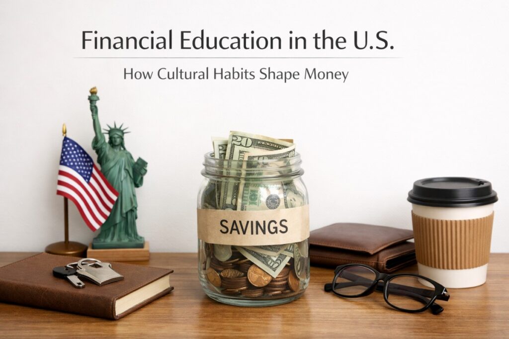 A clean desktop scene representing financial education in the United States, featuring a glass jar labeled “Savings” filled with U.S. dollar bills and coins. On the table are a small Statue of Liberty figurine, an American flag, a leather wallet, a notebook with keys on top, eyeglasses, and a takeaway coffee cup, symbolizing savings habits, personal finance, and American cultural influences on money management.