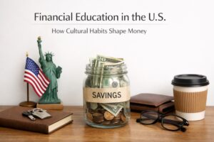 A clean desktop scene representing financial education in the United States, featuring a glass jar labeled “Savings” filled with U.S. dollar bills and coins. On the table are a small Statue of Liberty figurine, an American flag, a leather wallet, a notebook with keys on top, eyeglasses, and a takeaway coffee cup, symbolizing savings habits, personal finance, and American cultural influences on money management.