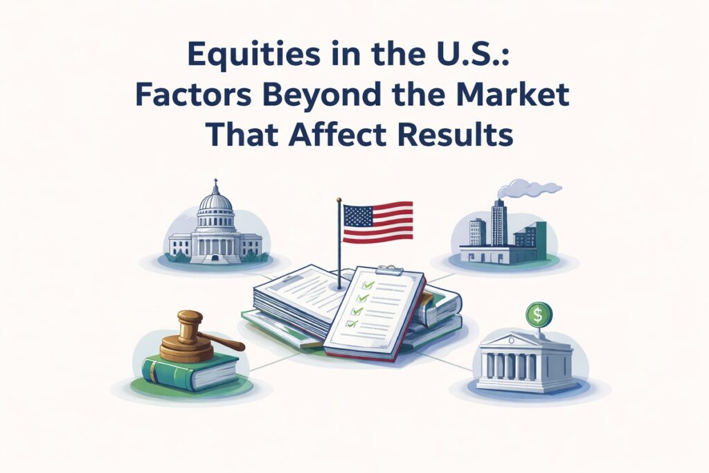 An illustrated composition about equities in the United States, featuring a central stack of documents with checklists and an American flag. Surrounding the documents are symbolic icons representing key non-market factors: the U.S. Capitol building for government and policy, a city skyline with factories for the real economy, a courthouse and dollar sign for the financial system, and a gavel resting on a book symbolizing regulation and law. The image visually explains how political, legal, and economic forces beyond the stock market influence investment results.