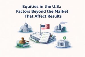 An illustrated composition about equities in the United States, featuring a central stack of documents with checklists and an American flag. Surrounding the documents are symbolic icons representing key non-market factors: the U.S. Capitol building for government and policy, a city skyline with factories for the real economy, a courthouse and dollar sign for the financial system, and a gavel resting on a book symbolizing regulation and law. The image visually explains how political, legal, and economic forces beyond the stock market influence investment results.