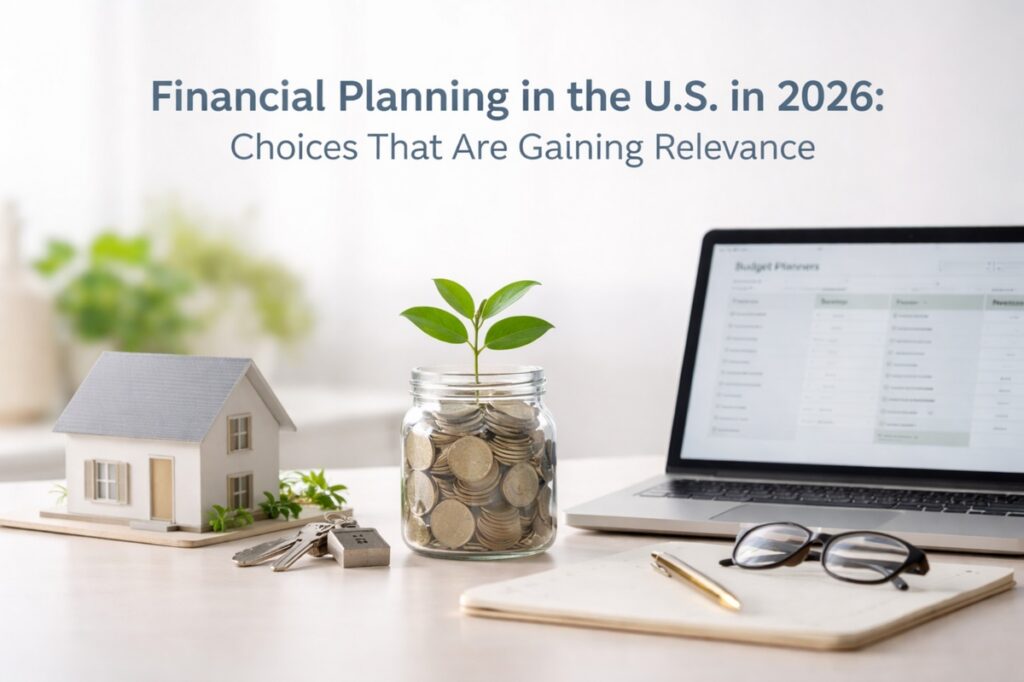 A clean, minimalist financial planning scene set on a white desk. At the top of the image, the text reads: “Financial Planning in the U.S. in 2026: Choices That Are Gaining Relevance.” In the foreground, a small white model house sits on a wooden base to the left, symbolizing home ownership and real estate planning. Next to it are a set of house keys and a small metal padlock, representing property security and financial responsibility. Centered in the image is a transparent glass jar filled with coins, from which a small green plant is growing, symbolizing savings, investment growth, and long-term financial planning. To the right, an open laptop displays a blurred budgeting spreadsheet interface labeled “Budget Planner,” suggesting digital financial management tools. In front of the laptop lies a closed notebook with a gold pen resting on top and a pair of eyeglasses placed beside it, reinforcing themes of planning, analysis, and informed decision-making. The overall composition conveys forward-looking financial choices, savings strategies, home investment, and the integration of technology into personal finance management in the United States in 2026.