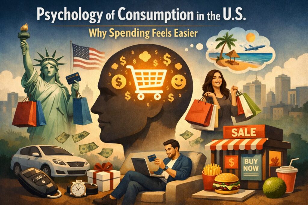 A conceptual illustration about consumer behavior in the United States. At the center, a large human head silhouette contains a glowing shopping cart icon surrounded by dollar signs and social media-style reaction symbols, symbolizing the psychological drivers of spending. On the left, the Statue of Liberty holds shopping bags and a credit card, with an American flag in the background. On the right, a smiling woman carries multiple shopping bags, while a “Sale” storefront displays a “Buy Now” sign next to fast food items. In the foreground, a man sits with a laptop making an online purchase using a credit card. Additional elements such as a car, gift box, watch, cash, and vacation imagery (beach and airplane) reinforce themes of desire, convenience, impulse buying, and modern consumer culture in the U.S.