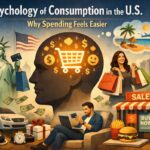 A conceptual illustration about consumer behavior in the United States. At the center, a large human head silhouette contains a glowing shopping cart icon surrounded by dollar signs and social media-style reaction symbols, symbolizing the psychological drivers of spending. On the left, the Statue of Liberty holds shopping bags and a credit card, with an American flag in the background. On the right, a smiling woman carries multiple shopping bags, while a “Sale” storefront displays a “Buy Now” sign next to fast food items. In the foreground, a man sits with a laptop making an online purchase using a credit card. Additional elements such as a car, gift box, watch, cash, and vacation imagery (beach and airplane) reinforce themes of desire, convenience, impulse buying, and modern consumer culture in the U.S.