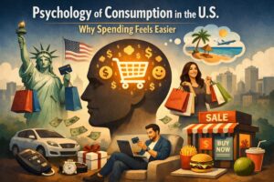 A conceptual illustration about consumer behavior in the United States. At the center, a large human head silhouette contains a glowing shopping cart icon surrounded by dollar signs and social media-style reaction symbols, symbolizing the psychological drivers of spending. On the left, the Statue of Liberty holds shopping bags and a credit card, with an American flag in the background. On the right, a smiling woman carries multiple shopping bags, while a “Sale” storefront displays a “Buy Now” sign next to fast food items. In the foreground, a man sits with a laptop making an online purchase using a credit card. Additional elements such as a car, gift box, watch, cash, and vacation imagery (beach and airplane) reinforce themes of desire, convenience, impulse buying, and modern consumer culture in the U.S.