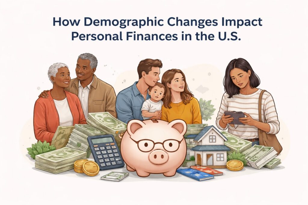 Illustration showing different life stages and families managing money in the U.S., with a piggy bank, cash stacks, calculator, house model, and credit cards symbolizing personal finance and demographic change.