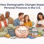 Illustration showing different life stages and families managing money in the U.S., with a piggy bank, cash stacks, calculator, house model, and credit cards symbolizing personal finance and demographic change.