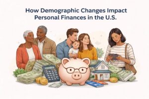 Illustration showing different life stages and families managing money in the U.S., with a piggy bank, cash stacks, calculator, house model, and credit cards symbolizing personal finance and demographic change.