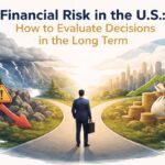 Illustration of a businessman standing at a forked road representing financial decisions in the U.S., with a stormy path showing risk and decline on the left and a sunny city with rising arrow, coins, and money bag symbolizing long-term financial growth on the right.