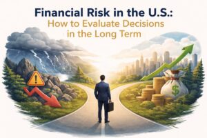 Illustration of a businessman standing at a forked road representing financial decisions in the U.S., with a stormy path showing risk and decline on the left and a sunny city with rising arrow, coins, and money bag symbolizing long-term financial growth on the right.